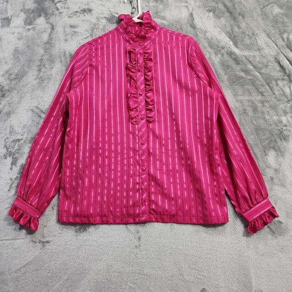 jcpenney Tops - Vintage JCPenney Top Womens 18 Pink Striped Satin Ruffled High Neck Long Sleeves